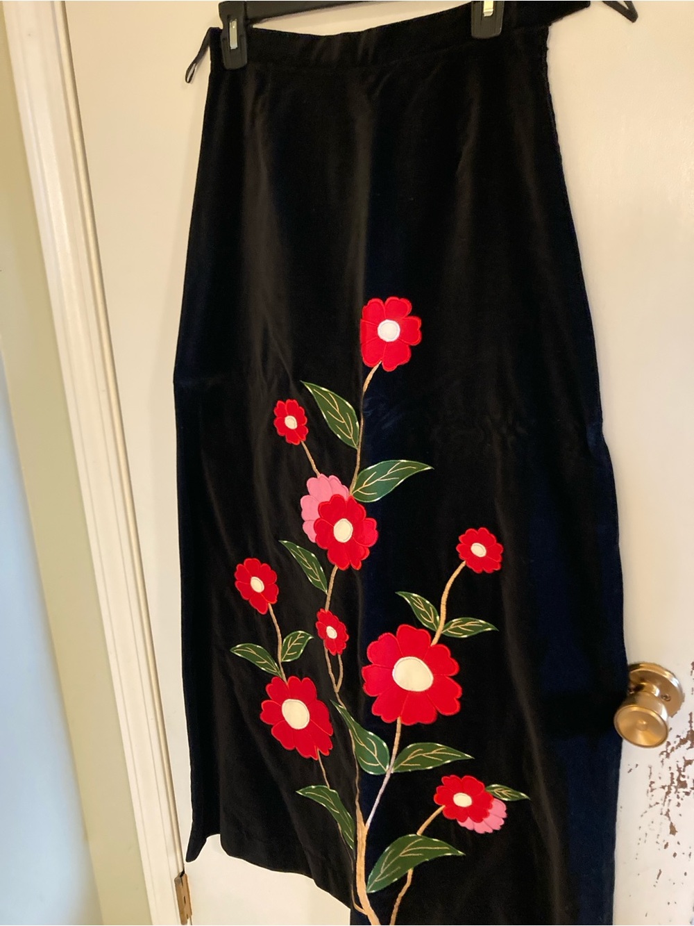 Vintage 100% Cotton Black Velvet A-Line Skirt with Red Floral Applique
